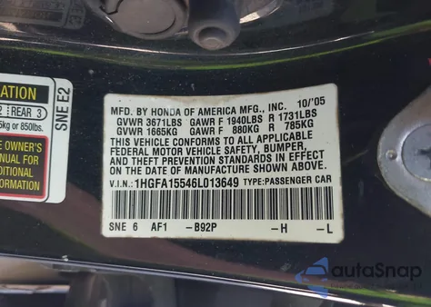 2006 Honda Civic Lx z USA, uszkodzony, nr VIN 1HGFA15546L013649